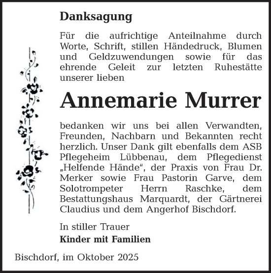 Traueranzeige von Annemarie Murrer von Lausitzer Rundschau