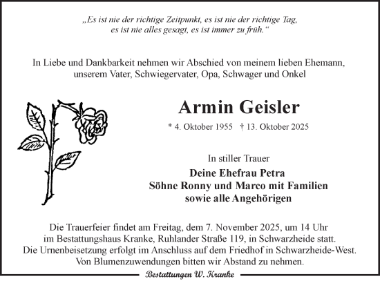 Traueranzeige von Armin Geisler von Lausitzer Rundschau