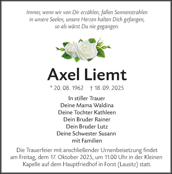 Traueranzeige von Axel Liemt von Lausitzer Rundschau