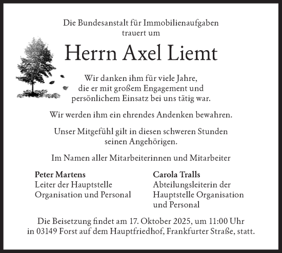 Traueranzeige von Axel Liemt von Lausitzer Rundschau