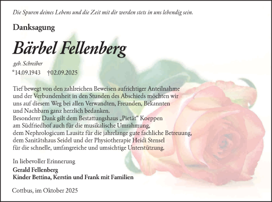 Traueranzeige von Bärbel Fellenberg von Ausg. LR Spreewald RS