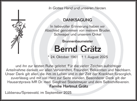 Traueranzeige von Bernd Grätz von Ausg. LR Spreewald RS