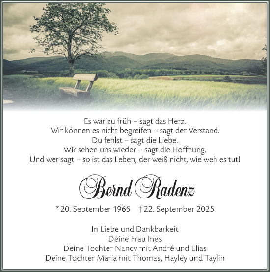 Traueranzeige von Bernd Radenz von Lausitzer Rundschau