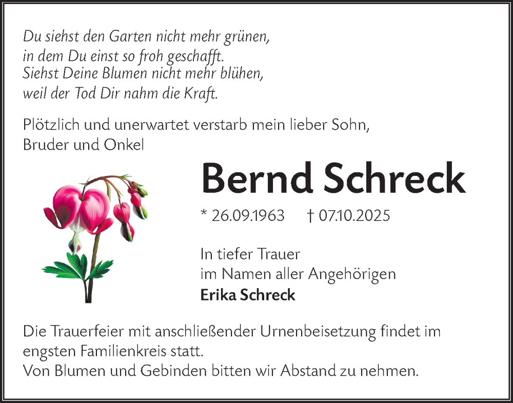  Traueranzeige für Bernd Schreck vom 25.10.2025 aus Lausitzer Rundschau