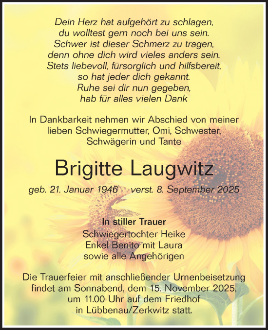 Traueranzeige von Brigitte Laugwitz von Lausitzer Rundschau