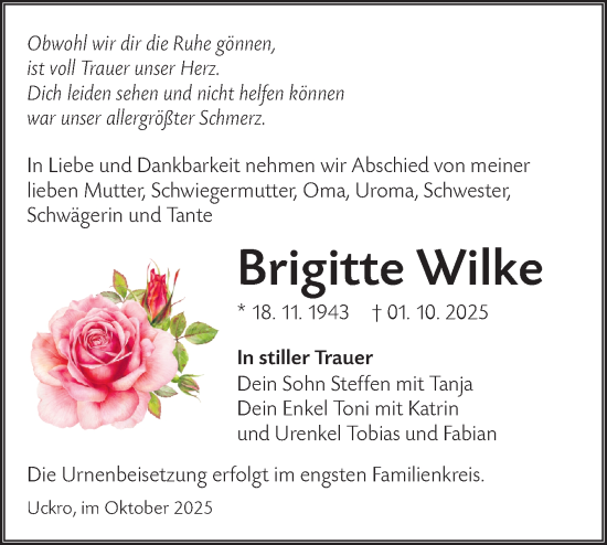 Traueranzeige von Brigitte Wilke von Lausitzer Rundschau