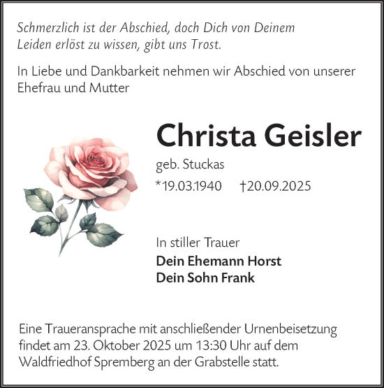 Traueranzeige von Christa Geisler von Lausitzer Rundschau