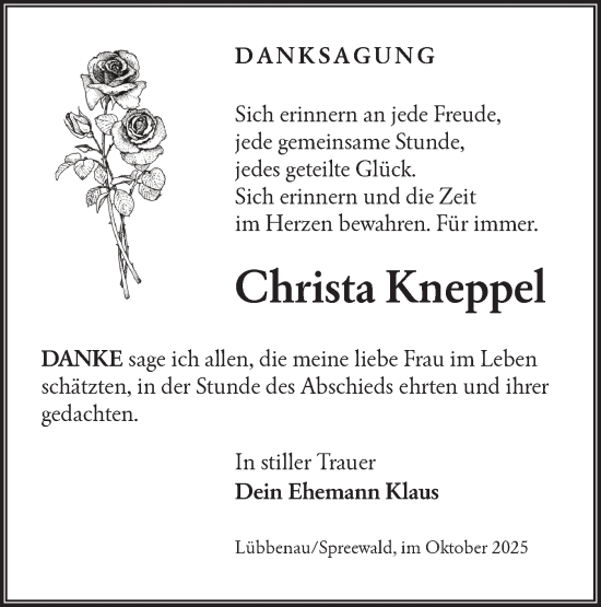 Traueranzeige von Christa Kneppel von Ausg. LR Spreewald RS