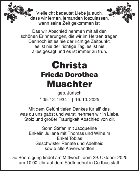 Traueranzeige von Christa Frieda Dorothea Muschter von Lausitzer Rundschau