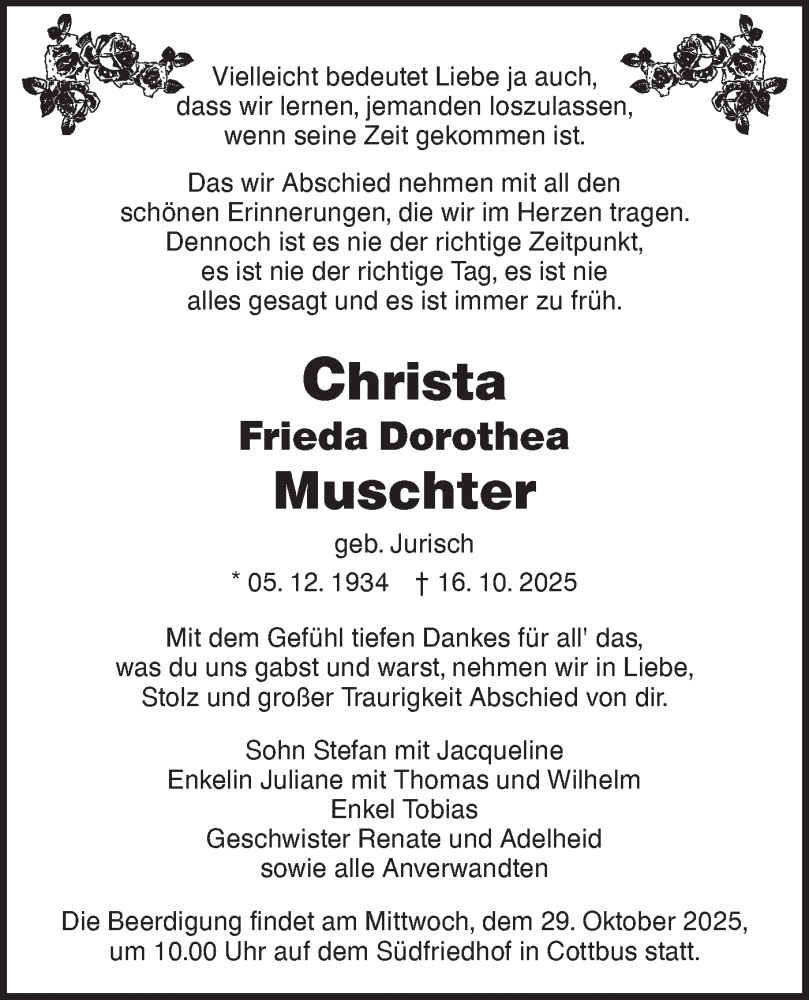  Traueranzeige für Christa Frieda Dorothea Muschter vom 22.10.2025 aus Lausitzer Rundschau