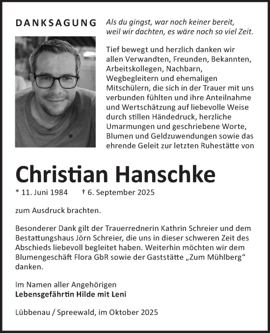 Traueranzeige von Christian Hanschke von Ausg. LR Spreewald RS
