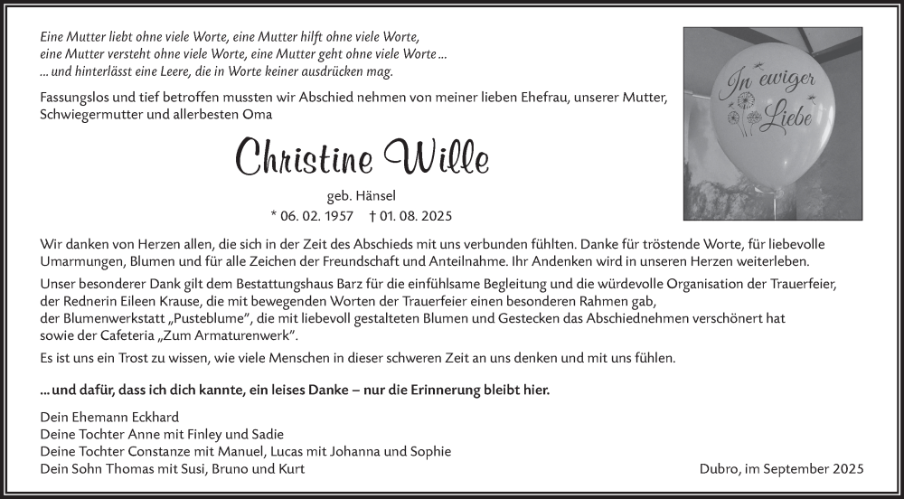  Traueranzeige für Christine Wille vom 11.10.2025 aus Lausitzer Rundschau