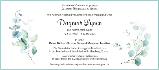 Traueranzeige von Dagmar Lynen von Lausitzer Rundschau