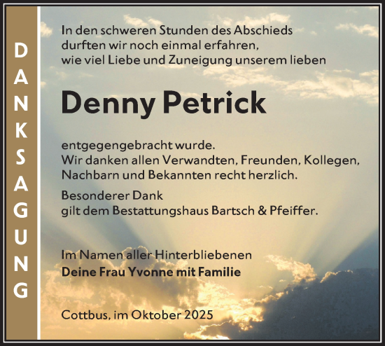 Traueranzeige von Denny Petrick von Lausitzer Rundschau