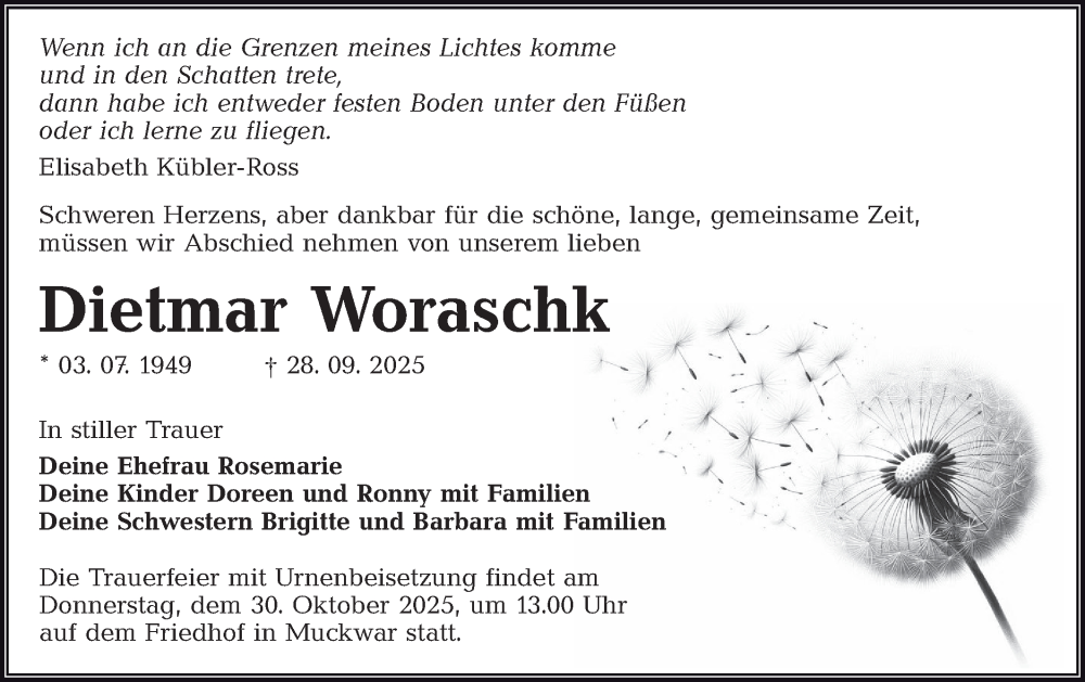 Traueranzeige für Dietmar Woraschk vom 11.10.2025 aus Lausitzer Rundschau