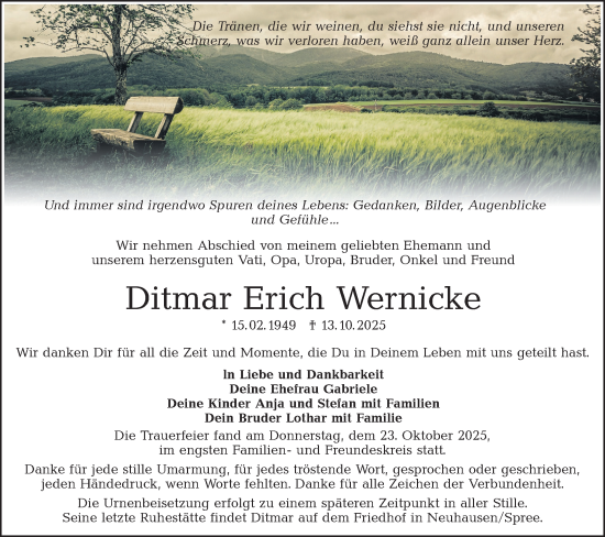 Traueranzeige von Ditmar Erich Wernicke von Lausitzer Rundschau