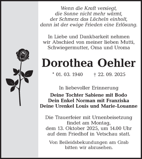 Traueranzeige von Dorothea Oehler von Lausitzer Rundschau
