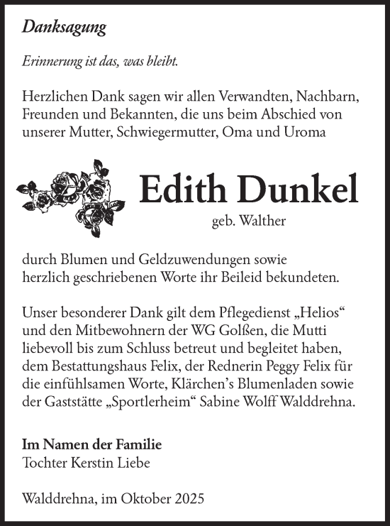 Traueranzeige von Edith Dunkel von Lausitzer Rundschau