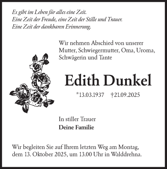 Traueranzeige von Edith Dunkel von Lausitzer Rundschau