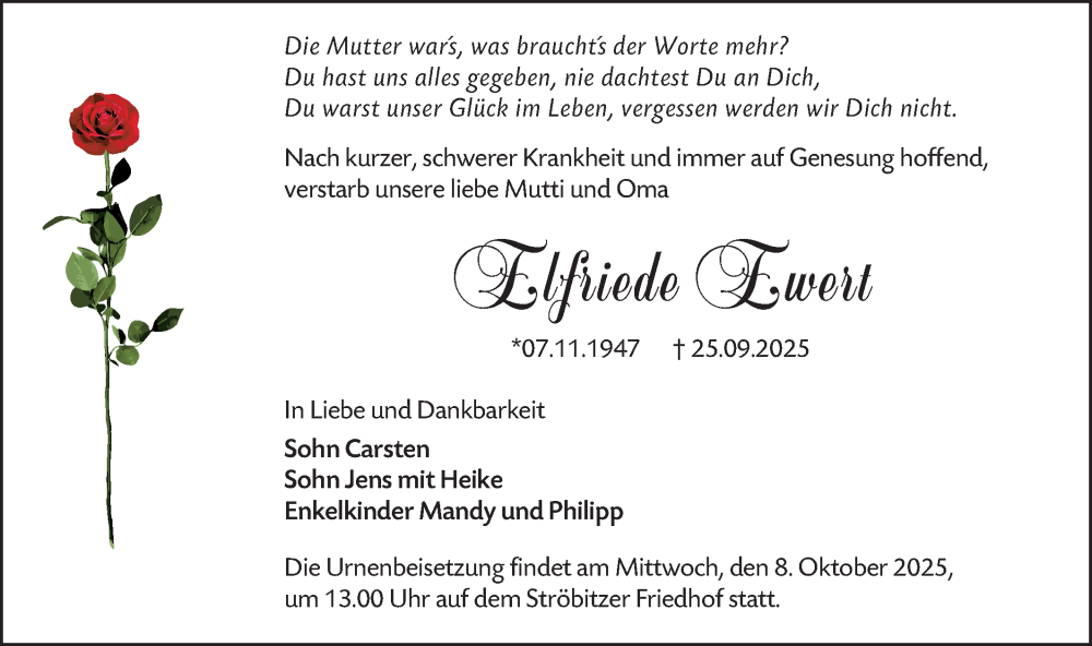  Traueranzeige für Elfriede Ewert vom 04.10.2025 aus Lausitzer Rundschau