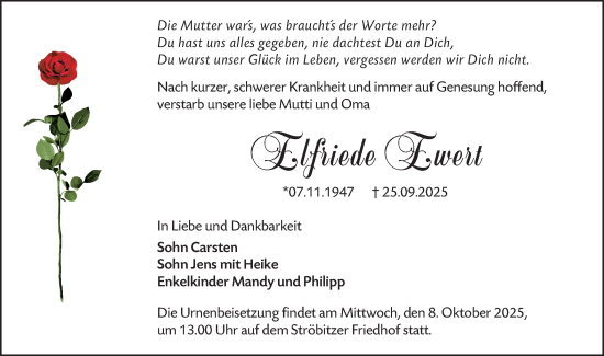 Traueranzeige von Elfriede Ewert von Lausitzer Rundschau