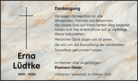 Traueranzeige von Erna Lüdtke von Lausitzer Rundschau