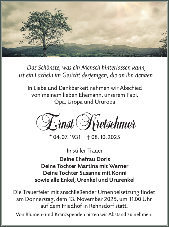 Traueranzeige von Ernst Kretschmer von Lausitzer Rundschau