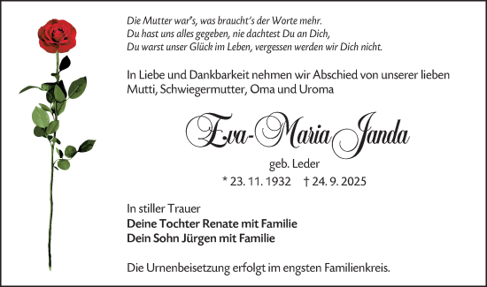 Traueranzeige von Eva-Maria Janda von Lausitzer Rundschau