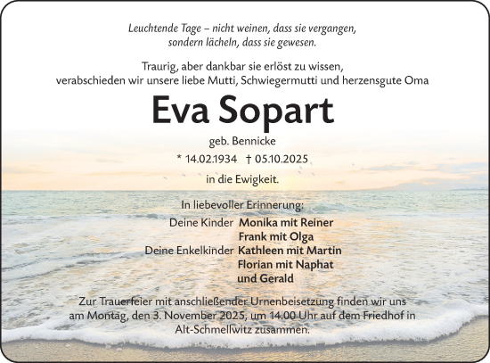 Traueranzeige von Eva Sopart von Lausitzer Rundschau
