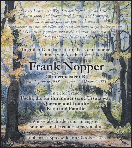 Traueranzeige von Frank Nopper von Lausitzer Rundschau