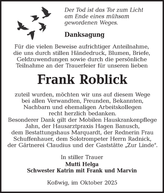 Traueranzeige von Frank Roblick von Lausitzer Rundschau