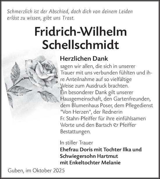 Traueranzeige von Fridrich-Wilhelm Schellschmidt von Lausitzer Rundschau