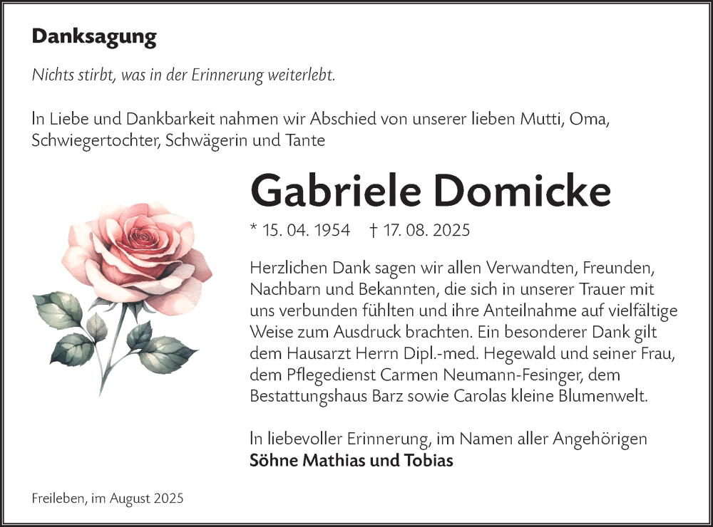  Traueranzeige für Gabriele Domicke vom 18.10.2025 aus Lausitzer Rundschau