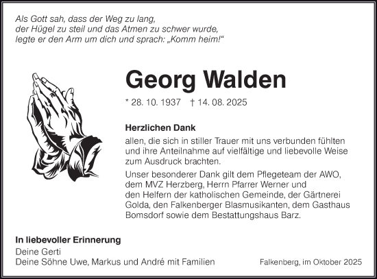 Traueranzeige von Georg Walden von Lausitzer Rundschau