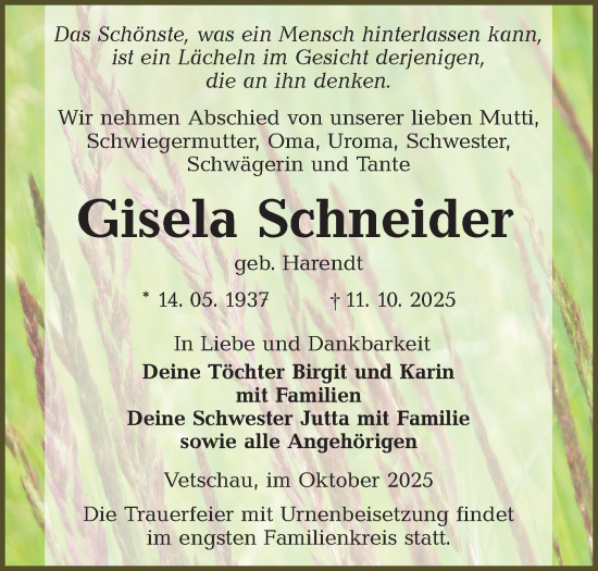 Traueranzeige von Gisela Schneider von Lausitzer Rundschau