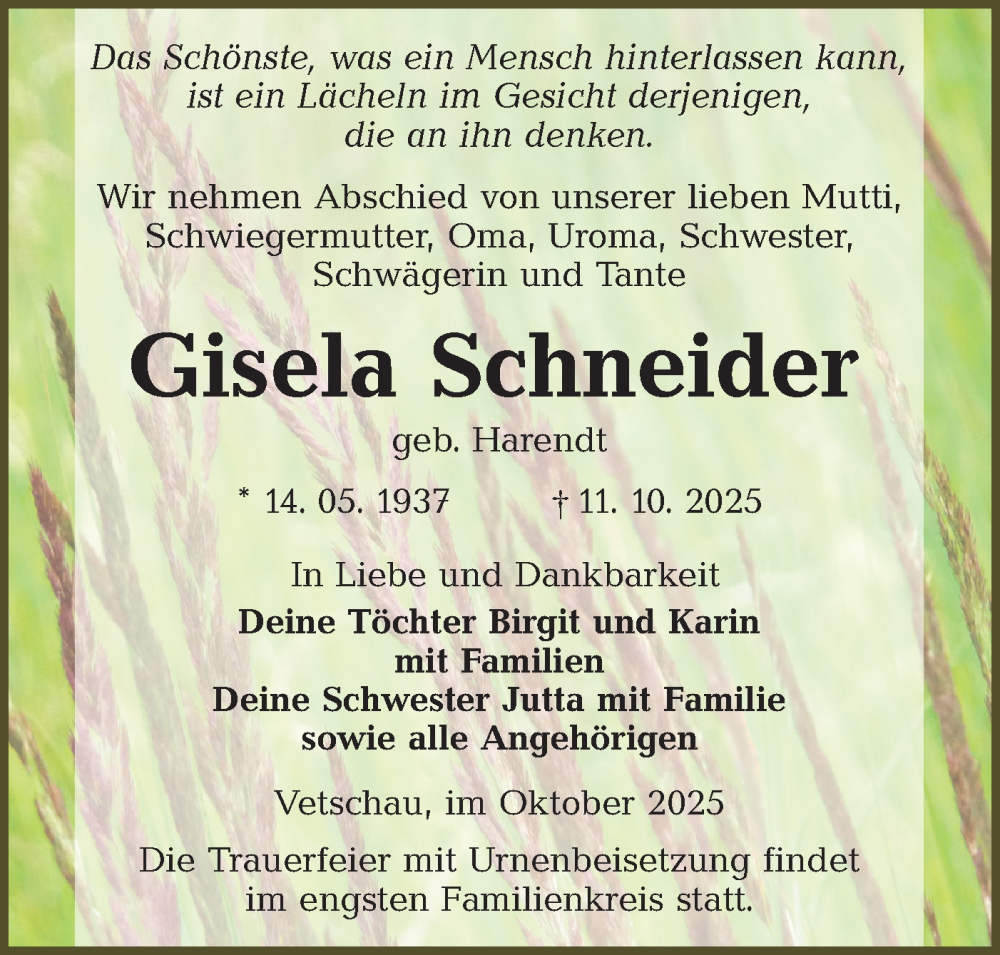  Traueranzeige für Gisela Schneider vom 25.10.2025 aus Lausitzer Rundschau