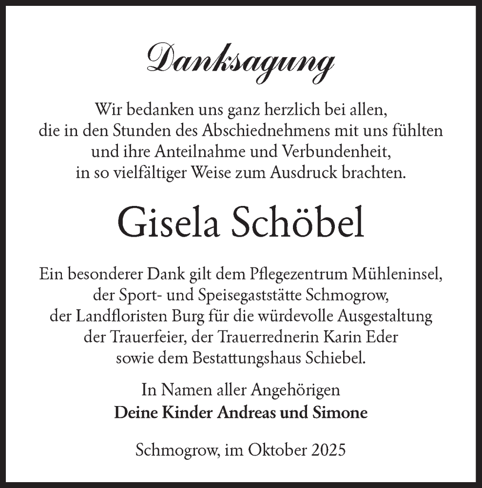  Traueranzeige für Gisela Schöbel vom 04.10.2025 aus Lausitzer Rundschau