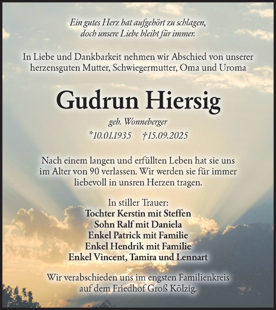  Traueranzeige für Gudrun Hiersig vom 04.10.2025 aus Lausitzer Rundschau