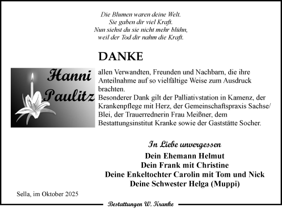 Traueranzeige von Hanni Paulitz von Lausitzer Rundschau