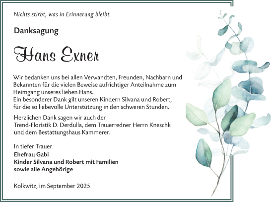 Traueranzeige von Hans Exner von Lausitzer Rundschau