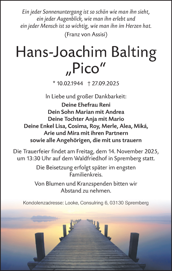Traueranzeige von Hans-Joachim Balting von Lausitzer Rundschau