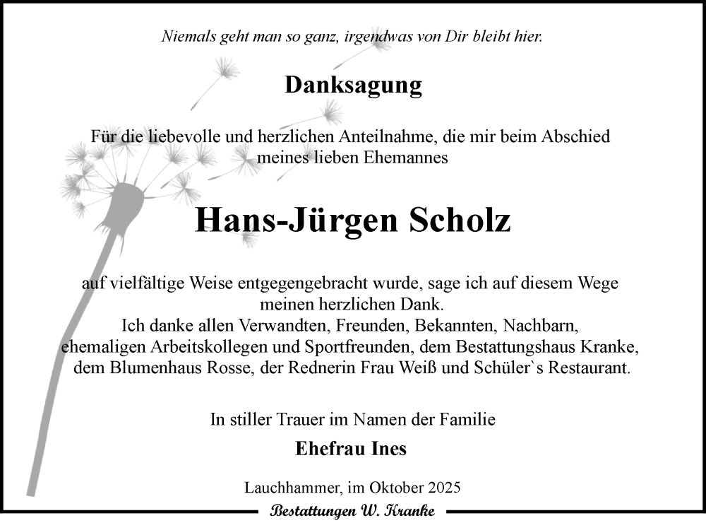  Traueranzeige für Hans-Jürgen Scholz vom 18.10.2025 aus Lausitzer Rundschau