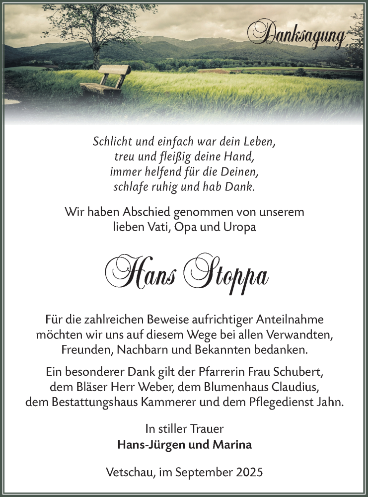  Traueranzeige für Hans Stoppa vom 11.10.2025 aus Lausitzer Rundschau