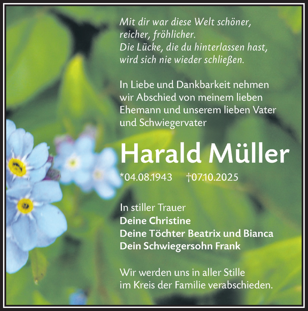  Traueranzeige für Harald Müller vom 18.10.2025 aus Lausitzer Rundschau