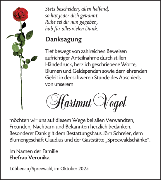 Traueranzeige von Hartmut Vogel von Lausitzer Rundschau