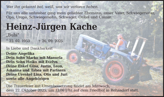 Traueranzeige von Heinz-Jürgen Kache von Lausitzer Rundschau