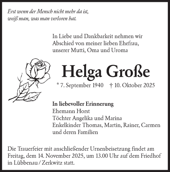 Traueranzeige von Helga Große von Ausg. LR Spreewald RS