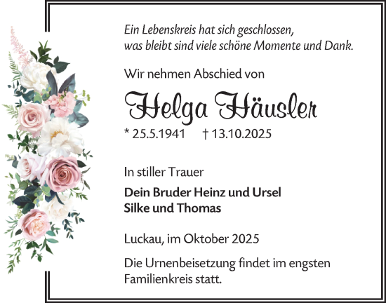Traueranzeige von Helga Häusler von Ausg. LR Spreewald RS
