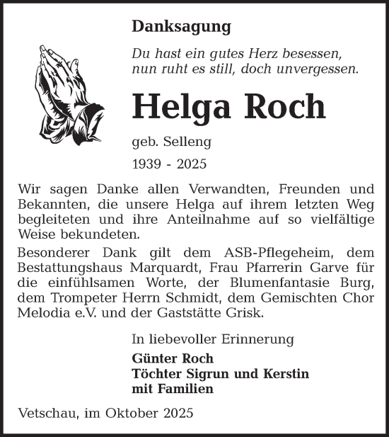Traueranzeige von Helga Roch von Ausg. LR Spreewald RS
