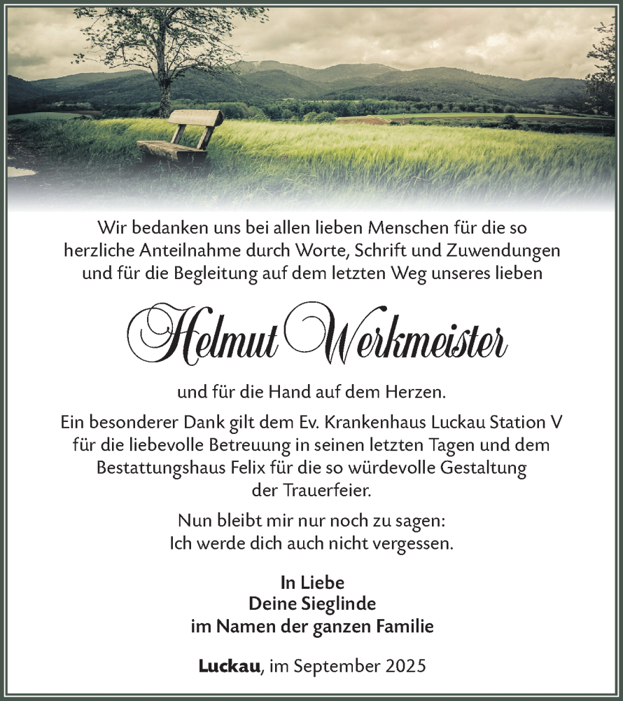  Traueranzeige für Helmut Werkmeister vom 11.10.2025 aus Lausitzer Rundschau